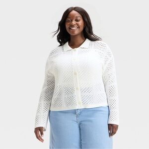 Women's Openwork Button-Front Cardigan - Universal Thread™ White XXL